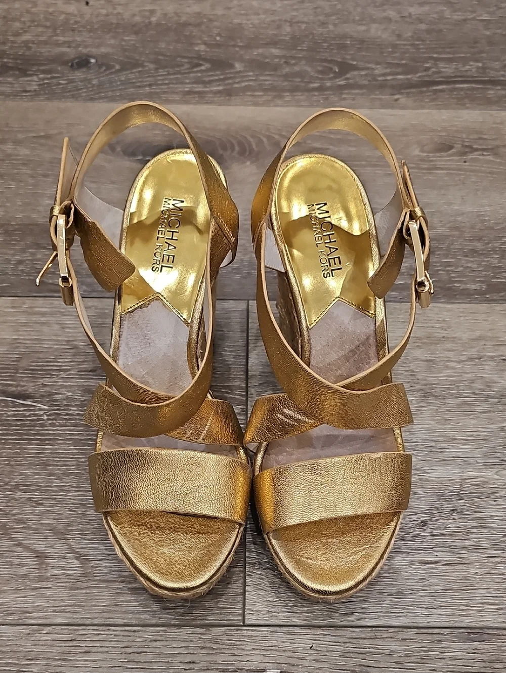 MICHAEL KORS Gold Metallic Espadrilles Wedges Sandals Sz 8.5